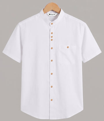 KEENLINE Men’s Elegant White Puer Cotton Mandarin Collar Shirt – Modern Formal Wear