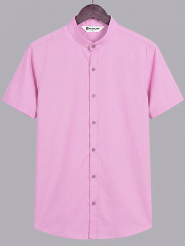 KEENLINE Men’s Premium Oxford Cotton Pink Mandarin Collar Short Sleeve Shirt – Modern Slim Fit