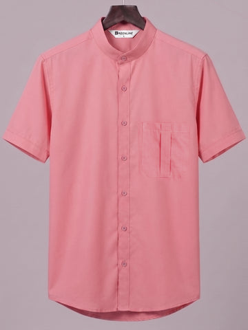 KEENLINE Men’s Oxford Cotton Coral Pink Mandarin Collar Short Sleeve Shirt – Modern Smart Fit