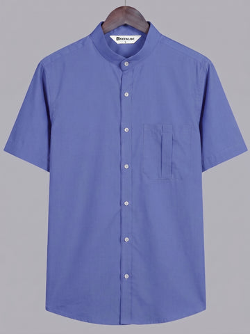 KEENLINE Men’s Oxford Cotton Steel Blue Mandarin Collar Short Sleeve Shirt – Modern Smart Fit
