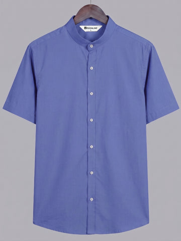 KEENLINE Men’s Oxford Cotton Steel Blue Mandarin Collar Short Sleeve Shirt – Modern Smart Fit