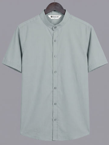 KEENLINE Men’s Oxford Cotton Sage Green Mandarin Collar Short Sleeve Shirt – Modern Smart Fit