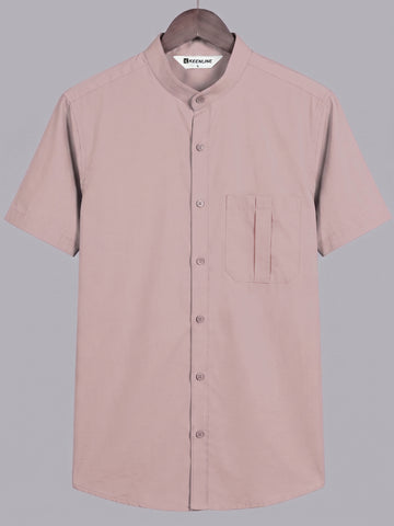 KEENLINE Men’s Oxford Cotton Beige Mandarin Collar Short Sleeve Shirt – Modern Smar fit