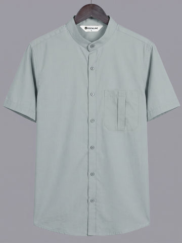 KEENLINE Men’s Oxford Cotton Sage Green Mandarin Collar Short Sleeve Shirt – Modern Smart Fit