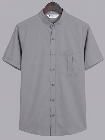 KEENLINE Men’s Oxford Cotton Charcoal Grey Mandarin Collar Short Sleeve Shirt – Modern Smart Fit
