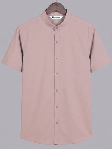 KEENLINE Men’s Oxford Cotton Beige Mandarin Collar Short Sleeve Shirt – Modern Smar fit