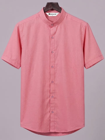 KEENLINE Men’s Oxford Cotton Coral Pink Mandarin Collar Short Sleeve Shirt – Modern Smart Fit