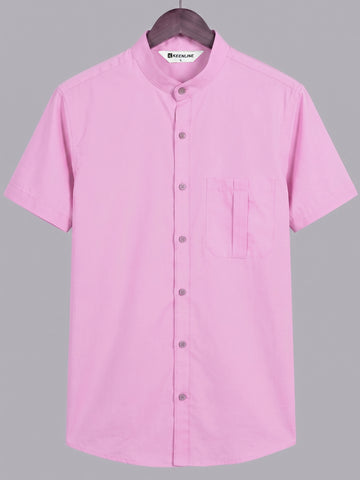 KEENLINE Men’s Premium Oxford Cotton Pink Mandarin Collar Short Sleeve Shirt – Modern Slim Fit