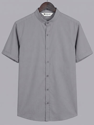 KEENLINE Men’s Oxford Cotton Charcoal Grey Mandarin Collar Short Sleeve Shirt – Modern Smart Fit