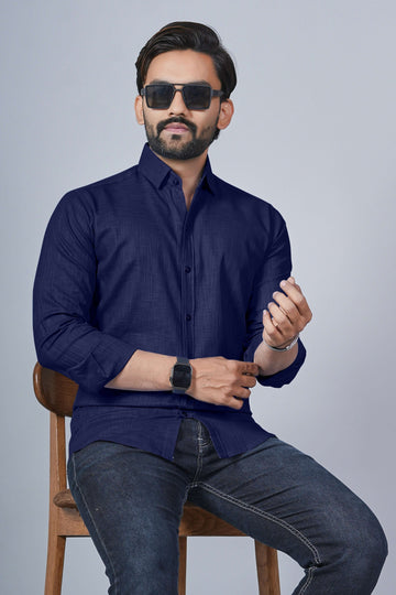 KEENLINE Elite Navy Linen Cotton Shirt – Full Sleeve Power Dressing Essential