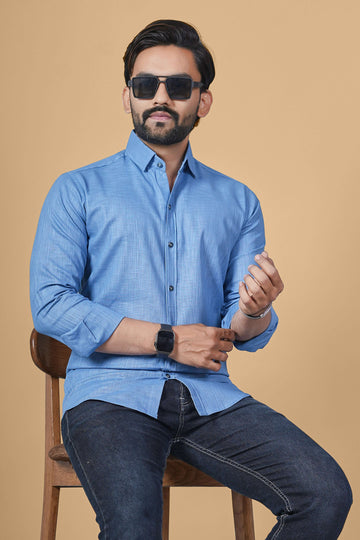 KEENLINE Premium Sky Blue Linen Cotton Shirt – Full Sleeve Fresh & Refined