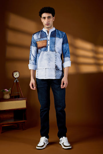 Men’s Blue Abstract Patchwork Print Kurta – Mandarin Collar Casual Wear