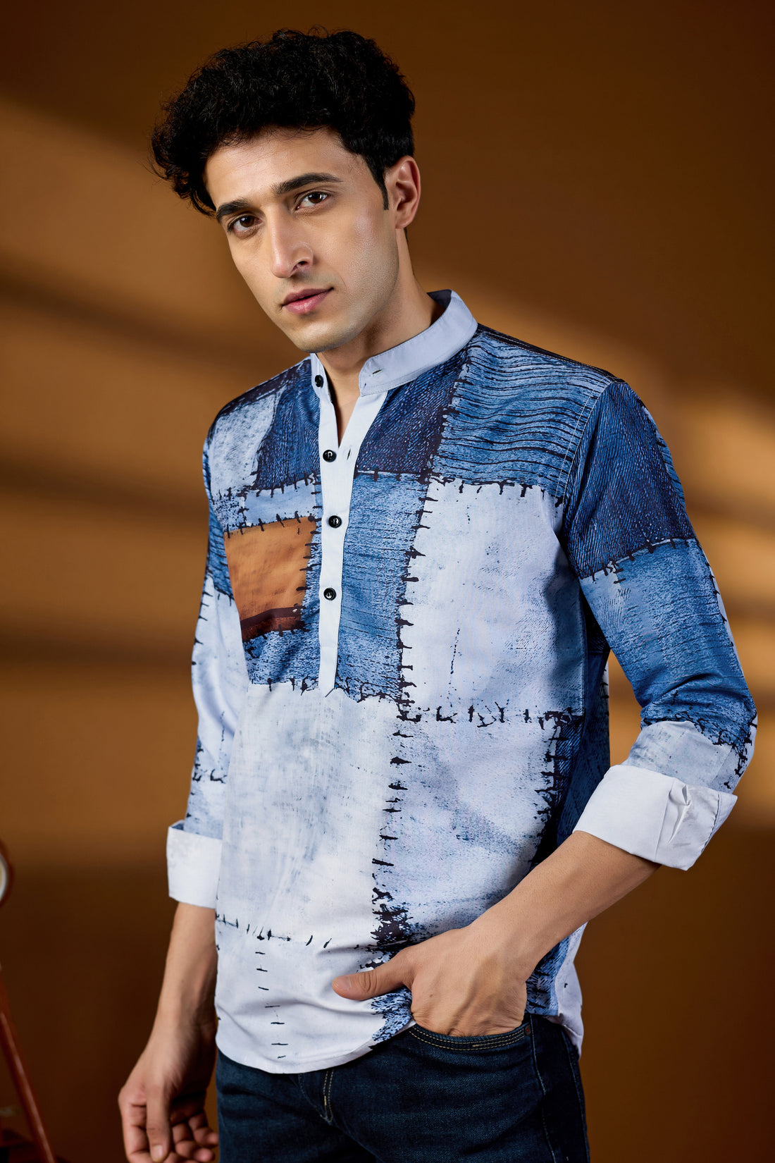 Men’s Blue Abstract Patchwork Print Kurta – Mandarin Collar Casual Wear