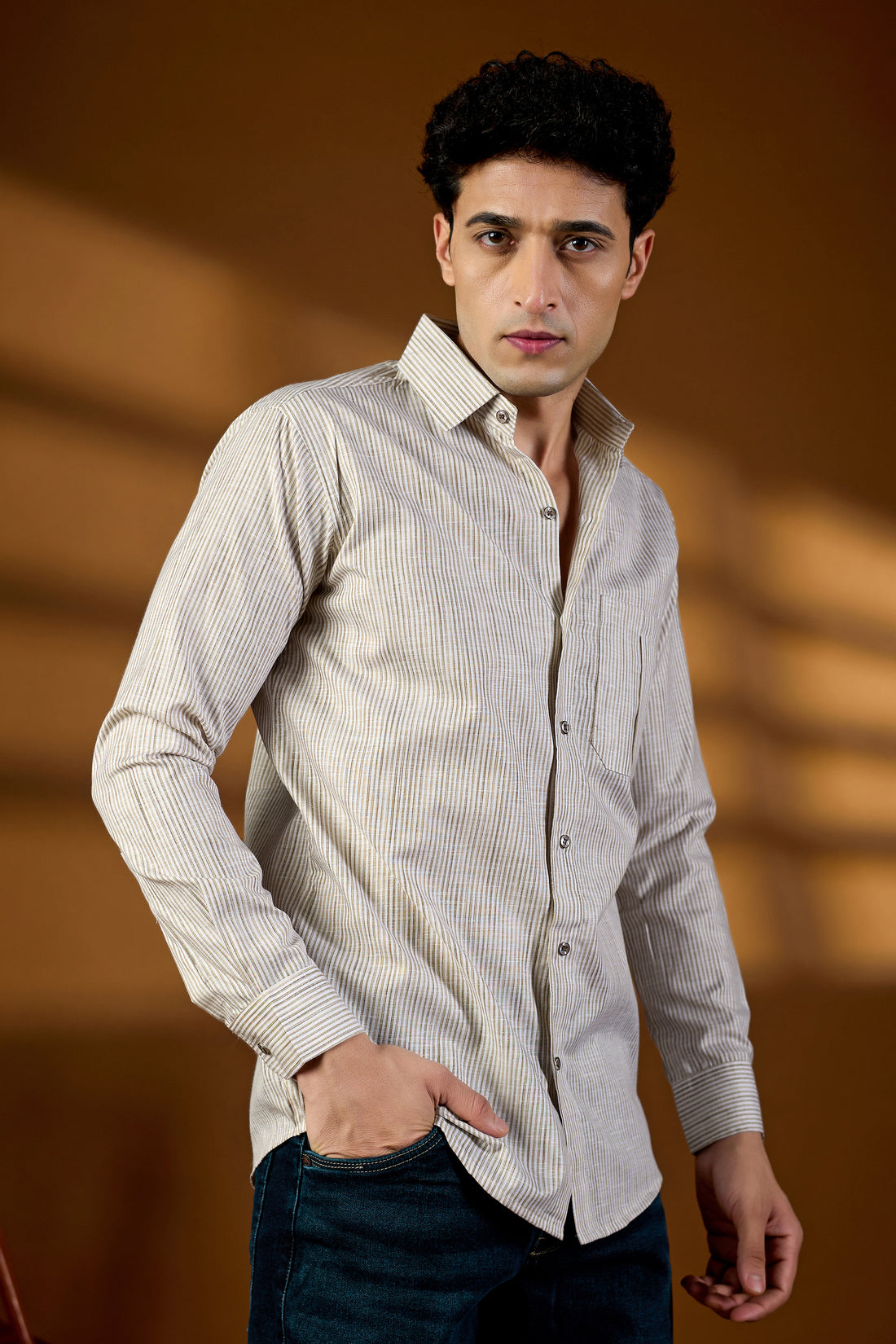 KEENLINE Men’s Cotton Beige Striped Full Sleeve Shirt – Classic Smart Casual Wear