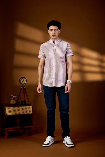 KEENLINE Premium Cotton Short Sleeve Pink Vertical Stripe Shirt