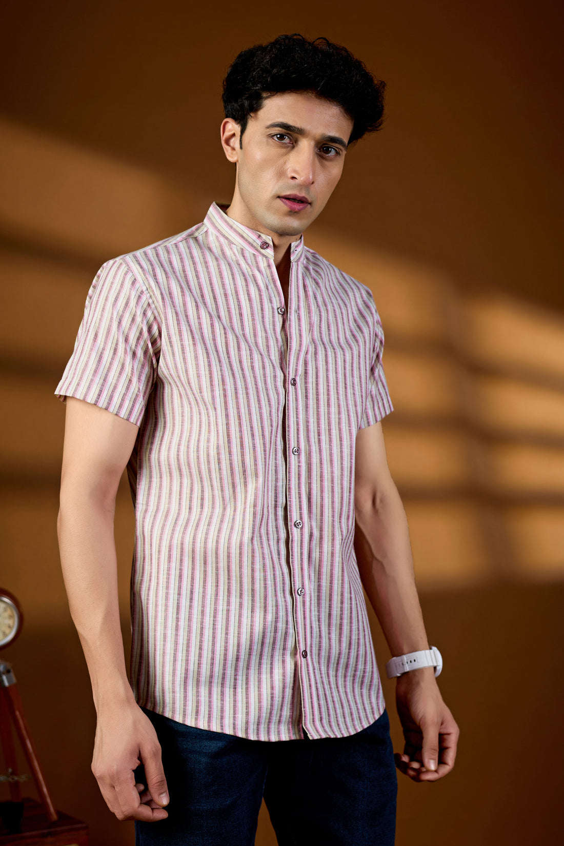 KEENLINE Premium Cotton Short Sleeve Pink Vertical Stripe Shirt