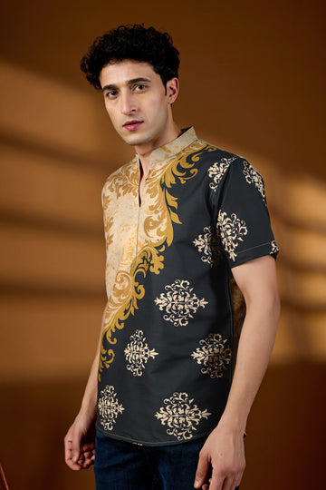 KEENLINE Men’s Black & Gold Baroque Print Kurta – Mandarin Collar Designer Wear