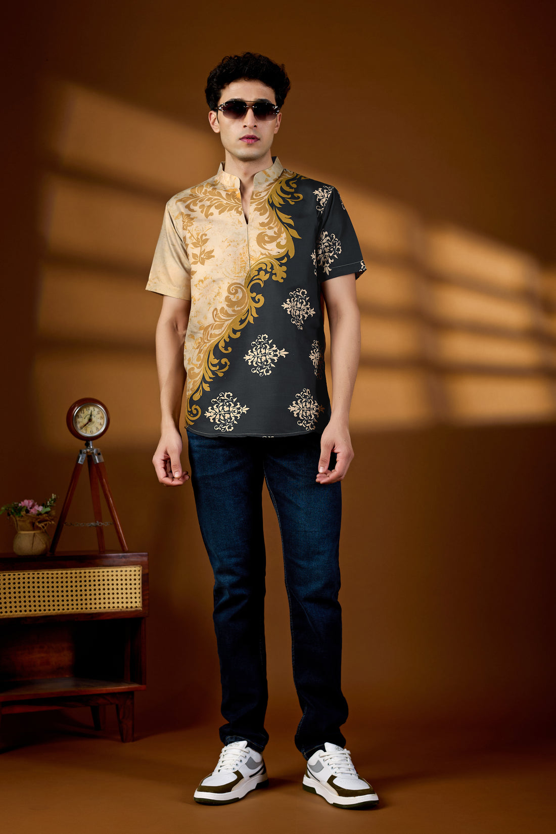 KEENLINE Men’s Black & Gold Baroque Print Kurta – Mandarin Collar Designer Wear