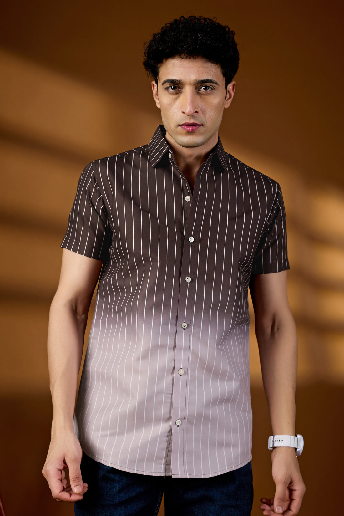 KEENLINE Men’s Brown Ombre Vertical Striped Short Sleeve Shirt – Slim Fit Casual Wear