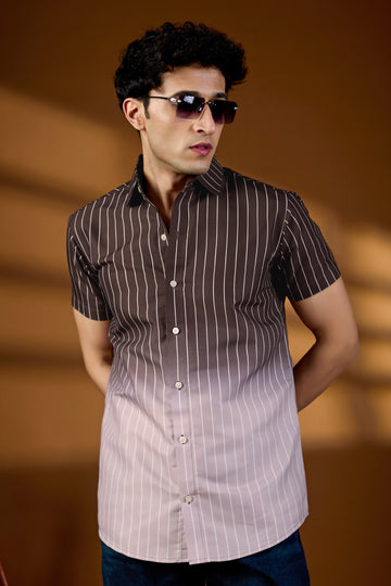 KEENLINE Men’s Brown Ombre Vertical Striped Short Sleeve Shirt – Slim Fit Casual Wear