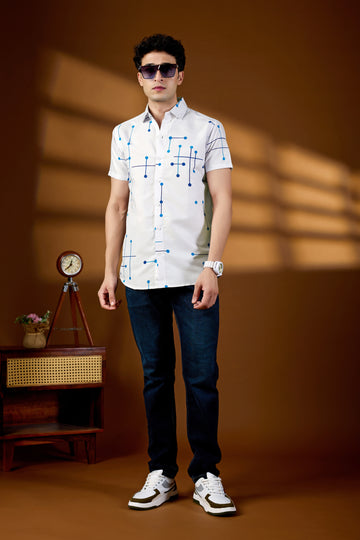 KEENLINE Men’s White Abstract Geometric Print Short Sleeve Shirt – Slim Fit Casual Wear