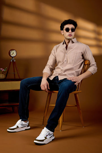 KEENLINE Men’s Classic Beige Cotton Shirt – Smart Fit Formal & Casual Wear with Chest Pocket**