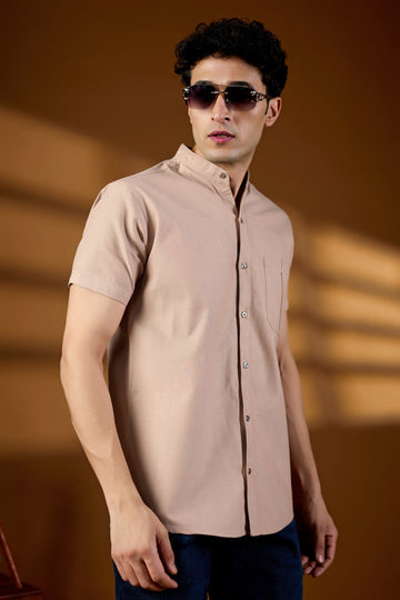 KEENLINE Men’s Beige Mandarin Collar Short Sleeve Shirt – Modern Smart Fit Casual Wear with Chest Pocket