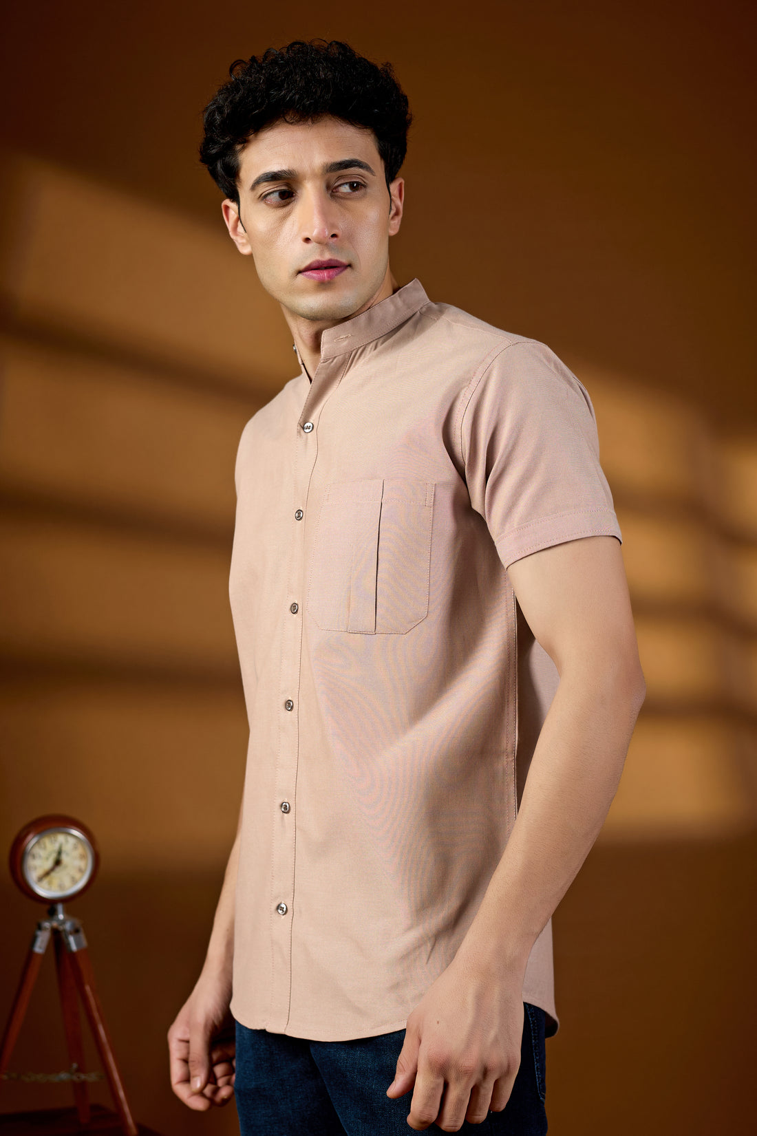KEENLINE Men’s Beige Mandarin Collar Short Sleeve Shirt – Modern Smart Fit Casual Wear with Chest Pocket