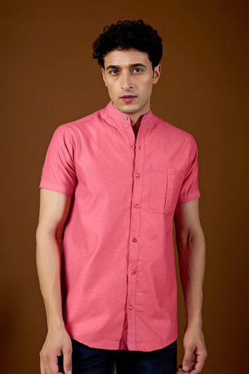 KEENLINE Men’s Coral Pink Mandarin Collar Short Sleeve Shirt – Modern Smart Fit Casual Wear**