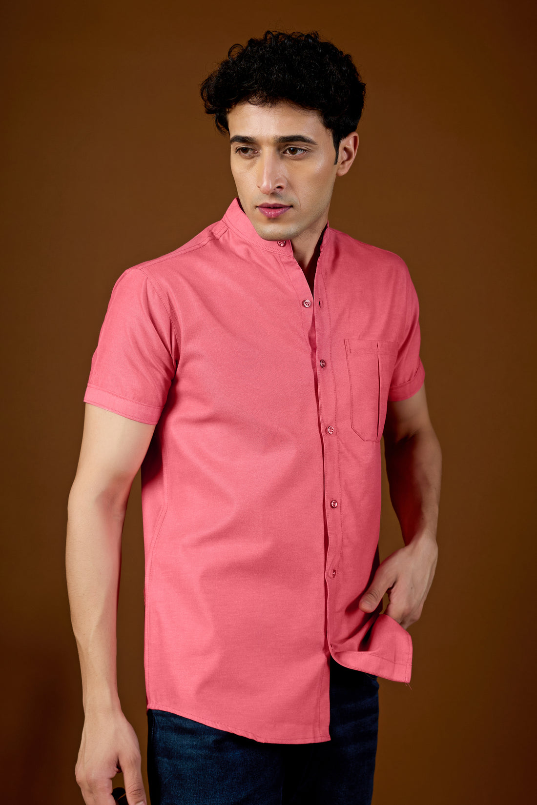 KEENLINE Men’s Coral Pink Mandarin Collar Short Sleeve Shirt – Modern Smart Fit Casual Wear**