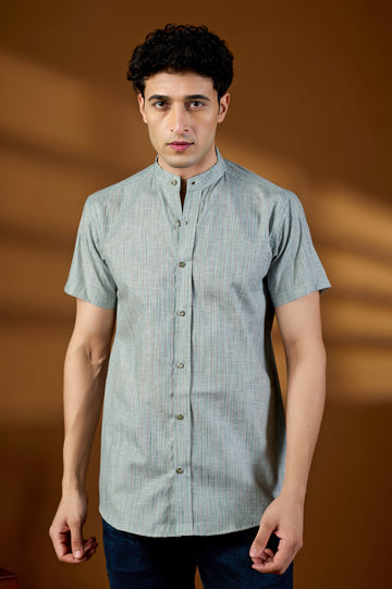 KEENLINE Men’s Cotton Sage Green Mandarin Collar Short Sleeve Shirt