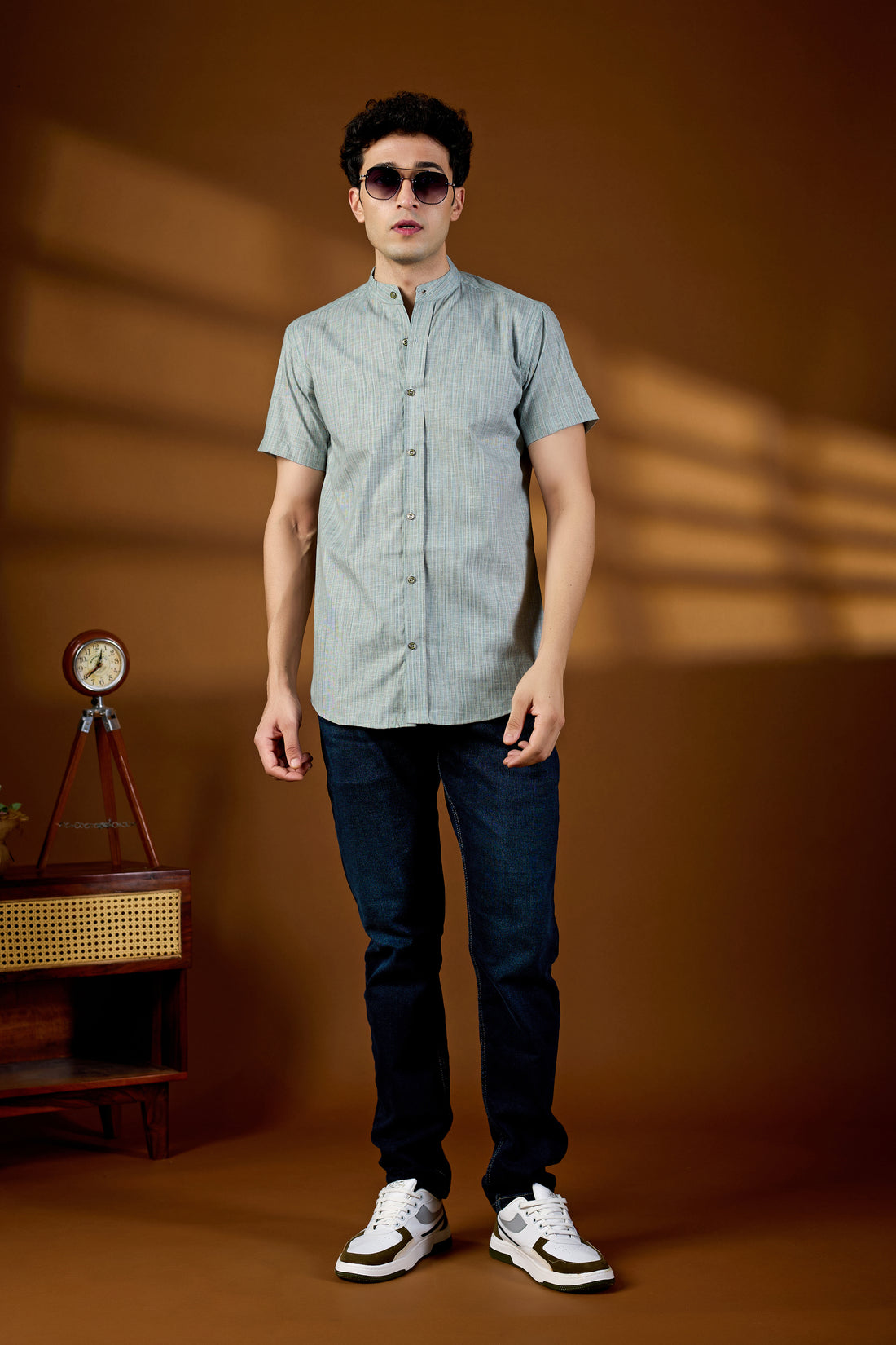 KEENLINE Men’s Cotton Sage Green Mandarin Collar Short Sleeve Shirt