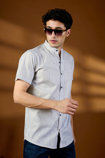 KEENLINE Men’s Cotton White & Blue Stripe Mandarin Collar Shirt