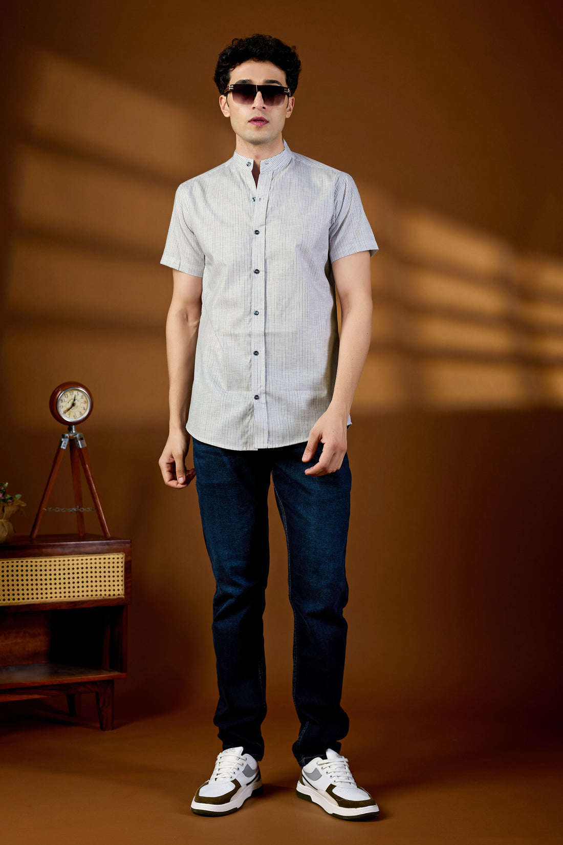 KEENLINE Men’s Cotton White & Blue Stripe Mandarin Collar Shirt