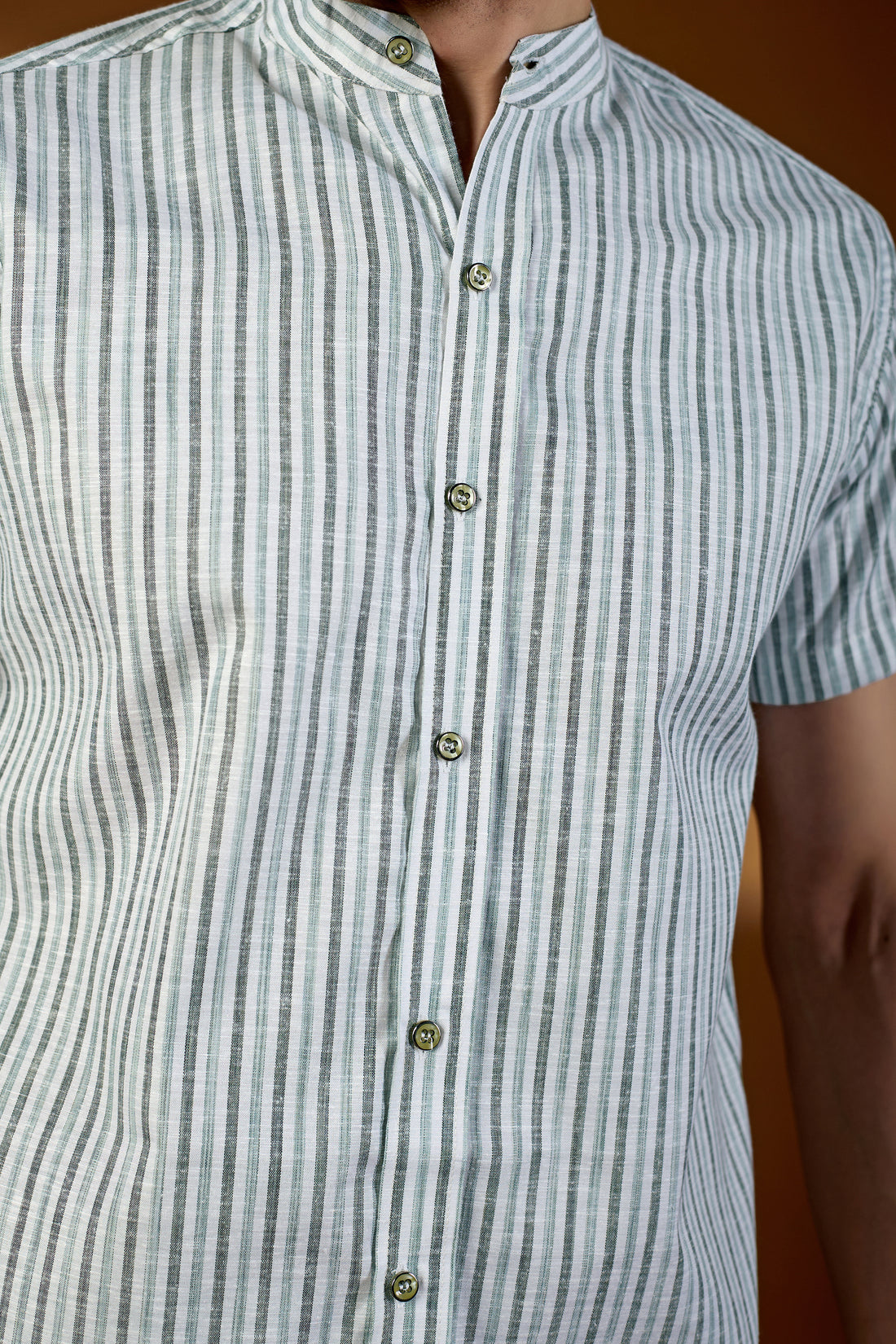 KEENLINE Men’s Cotton Green Stripe Mandarin Collar Short Sleeve Shirt