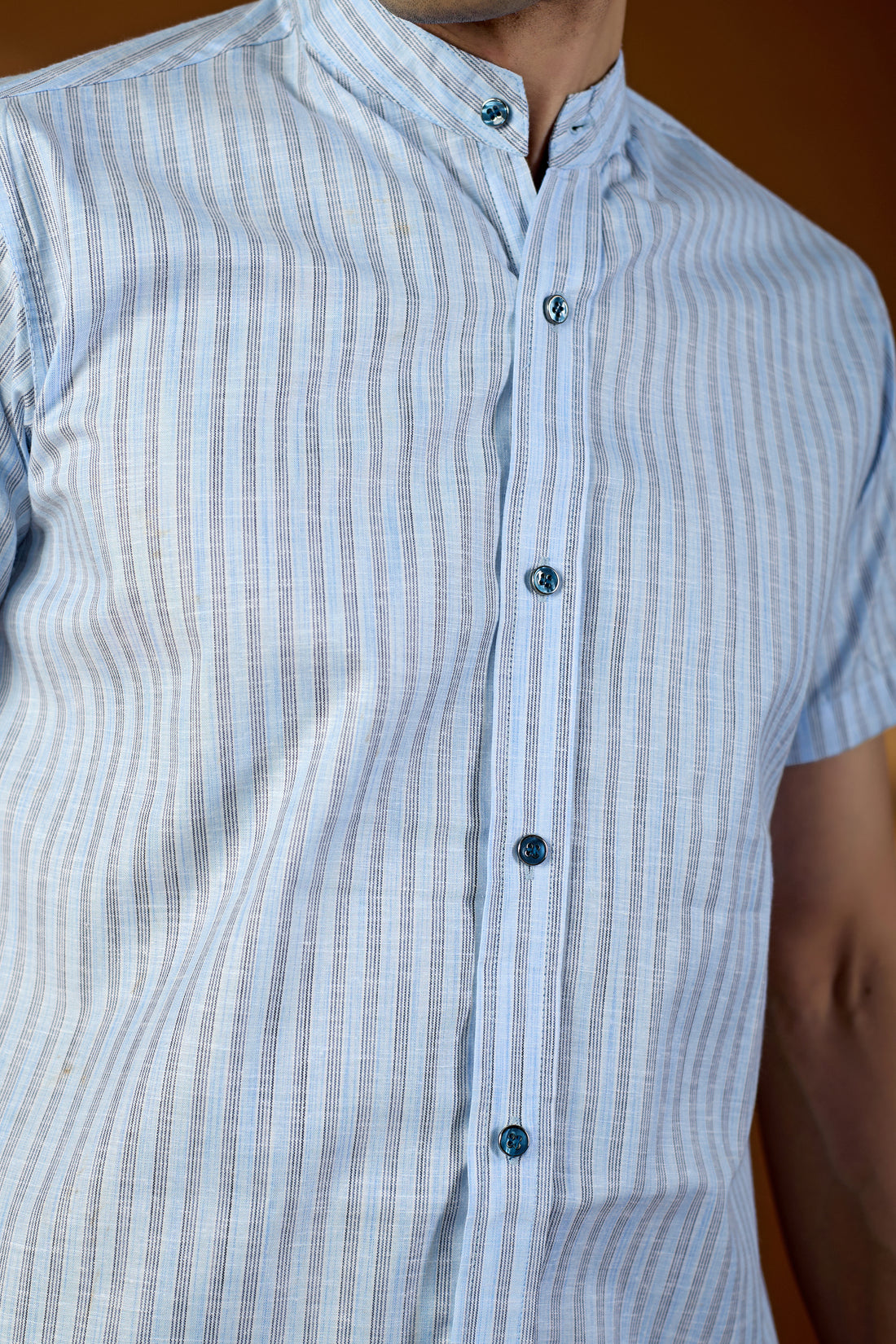 KEENLINE Men’s Cotton Sky Blue Stripe Mandarin Collar Shirt – Short Sleeve