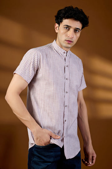 KEENLINE Men’s Cotton Pink Stripe Mandarin Collar Shirt – Short Sleeve