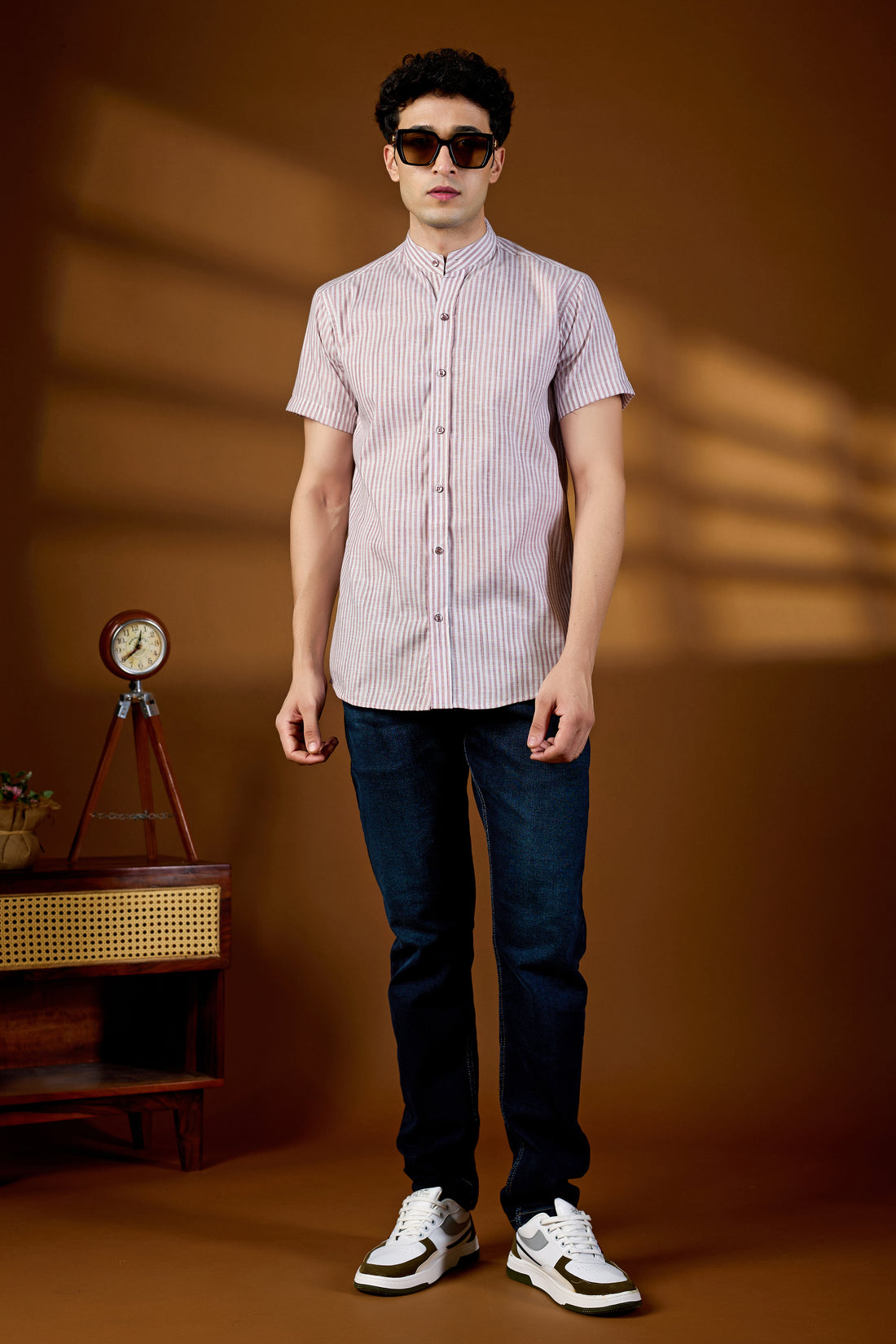 KEENLINE Men’s Cotton Pink Stripe Mandarin Collar Shirt – Short Sleeve