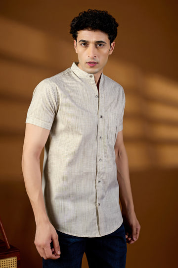 KEENLINE Men’s Cotton Beige Stripe Mandarin Collar Shirt – Short Sleeve