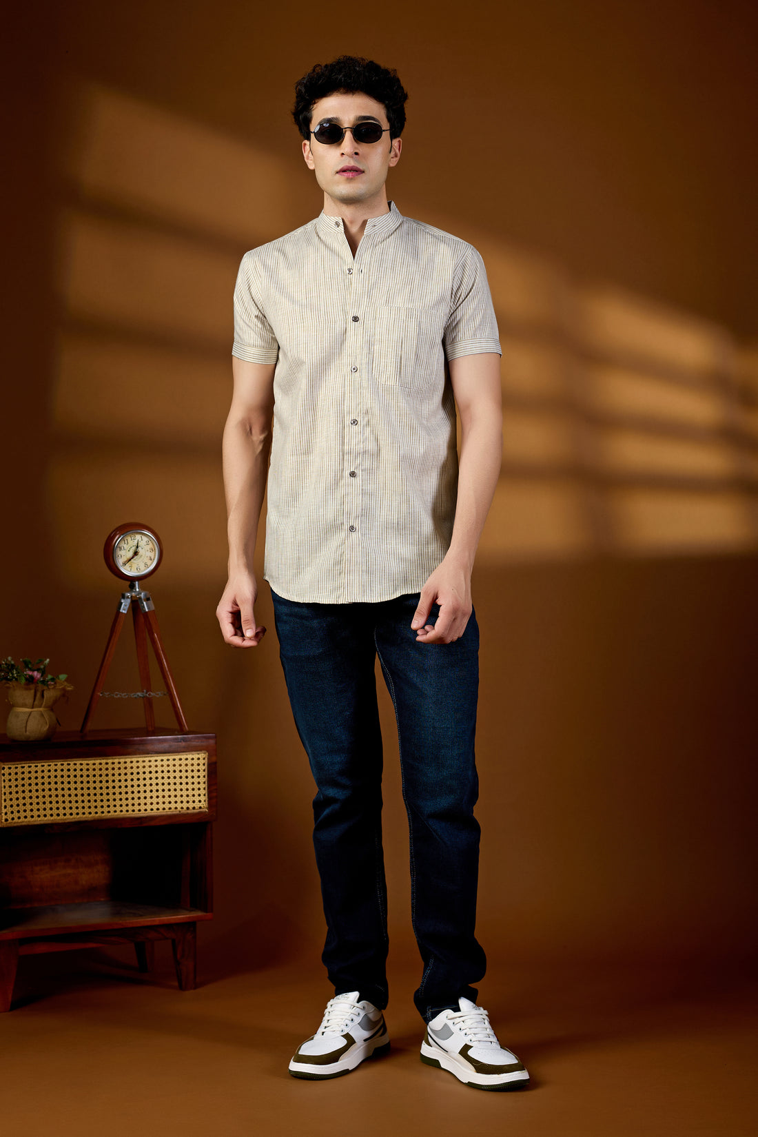 KEENLINE Men’s Cotton Beige Stripe Mandarin Collar Shirt – Short Sleeve