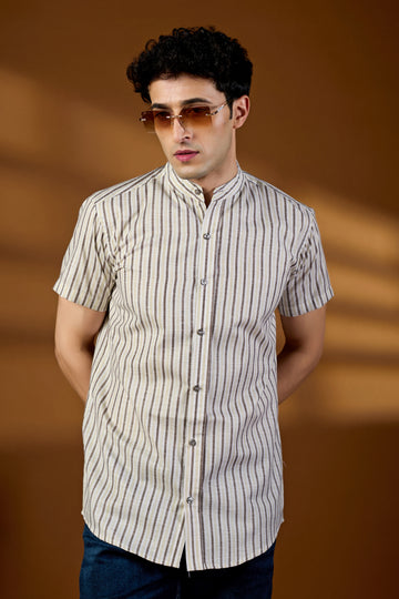 KEENLINE Men’s Cotton Brown & Beige Stripe Mandarin Collar Shirt – Short Sleeve