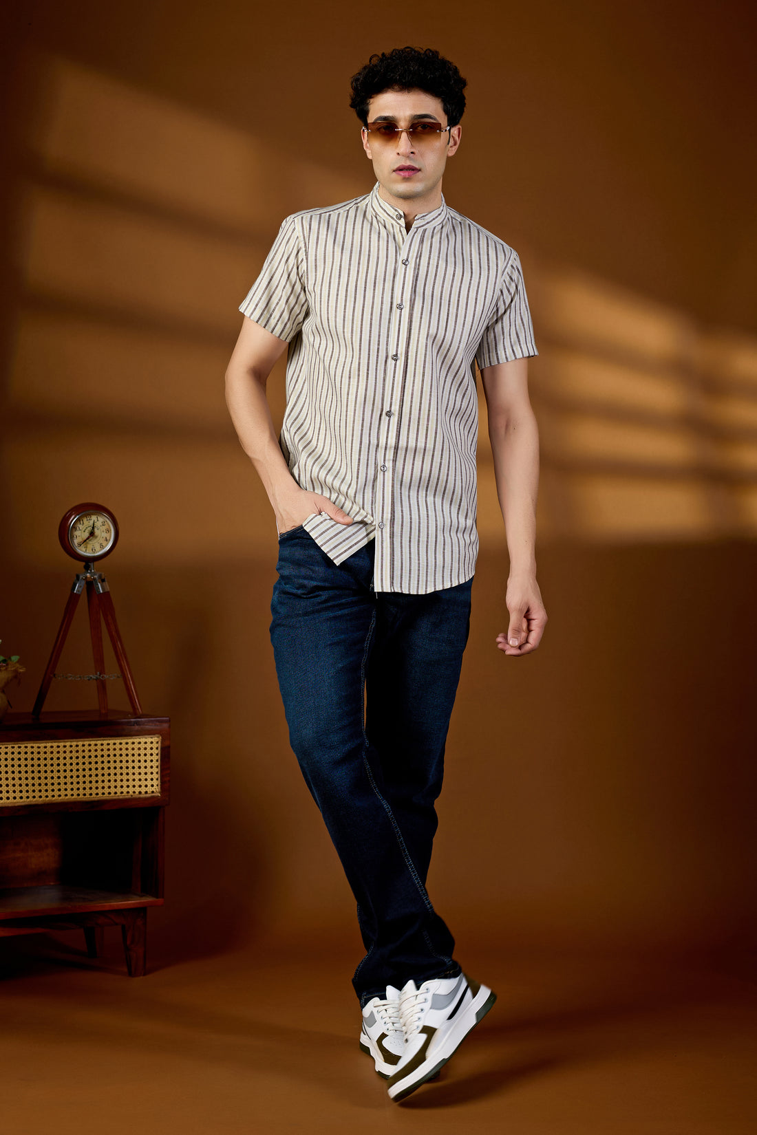 KEENLINE Men’s Cotton Brown & Beige Stripe Mandarin Collar Shirt – Short Sleeve