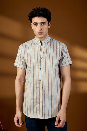 KEENLINE Men’s Cotton Multi-Color Stripe Mandarin Collar Shirt – Short Sleeve