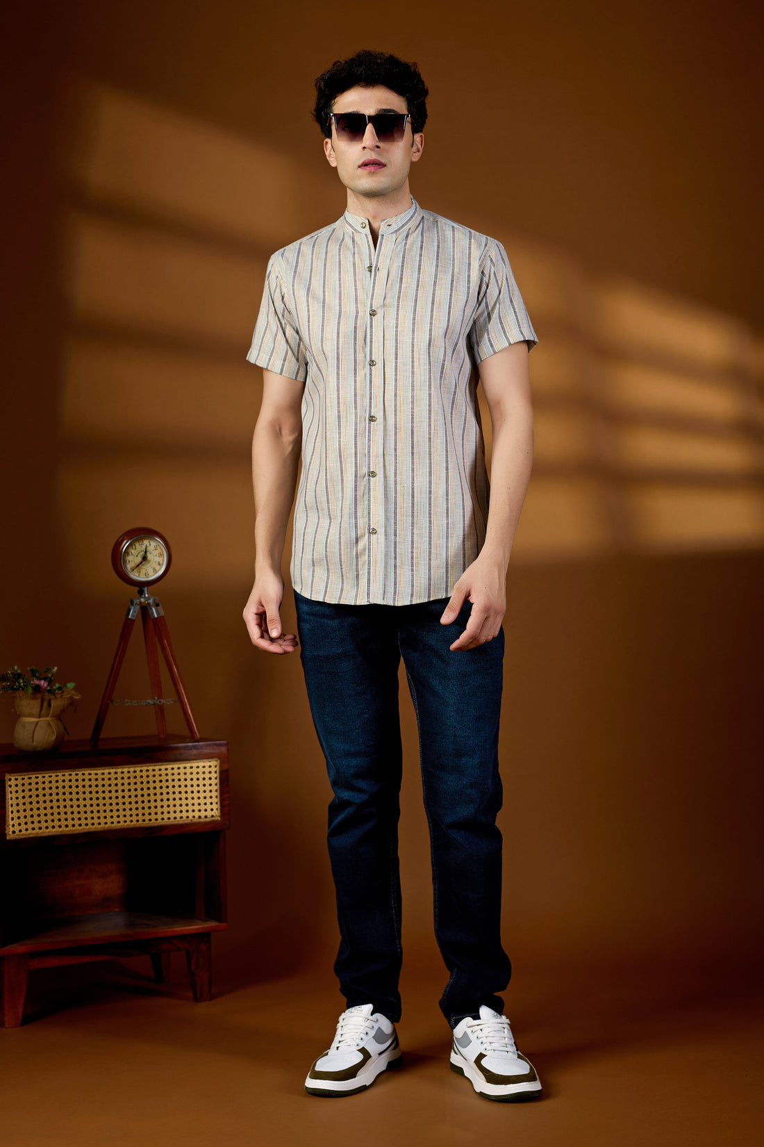 KEENLINE Men’s Cotton Multi-Color Stripe Mandarin Collar Shirt – Short Sleeve