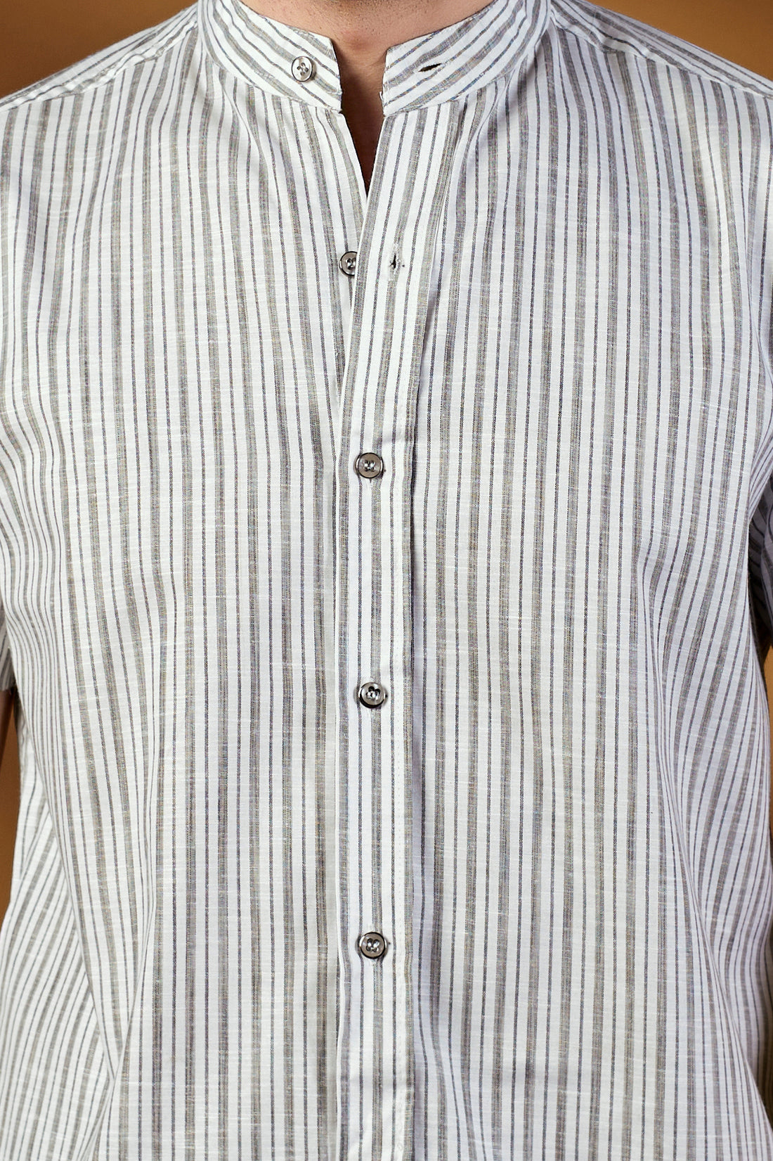 KEENLINE Men’s Cotton Grey Stripe Mandarin Collar Shirt – Short Sleeve