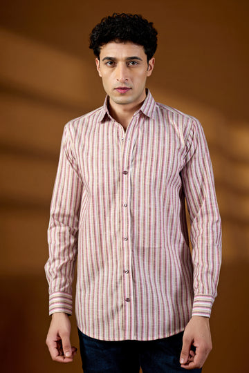 KEENLINE Men’s Premium Cotton Pink & Beige Striped Full Sleeve Shirt – Smart Casual Wear