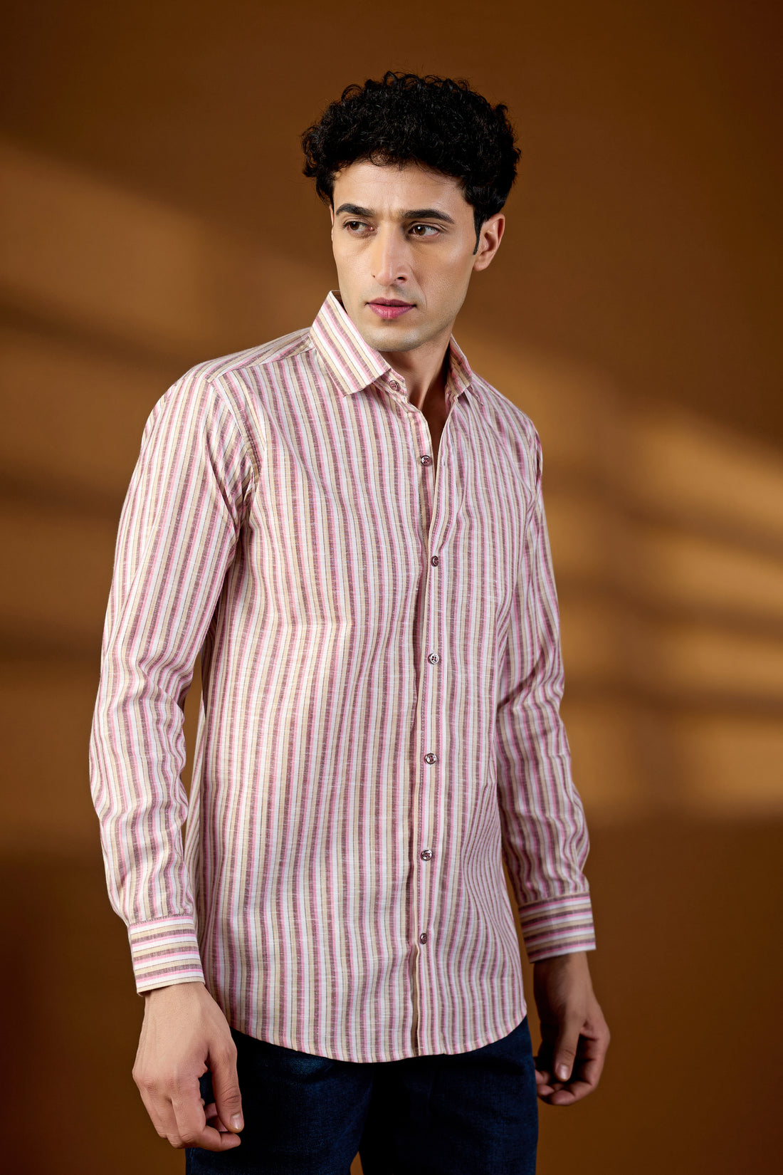 KEENLINE Men’s Premium Cotton Pink & Beige Striped Full Sleeve Shirt – Smart Casual Wear