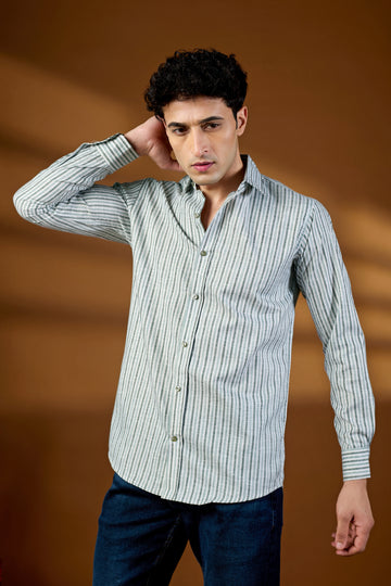 KEENLINE Men’s Premium Cotton Green  Striped Full Sleeve Shirt – Smart Casual Wear