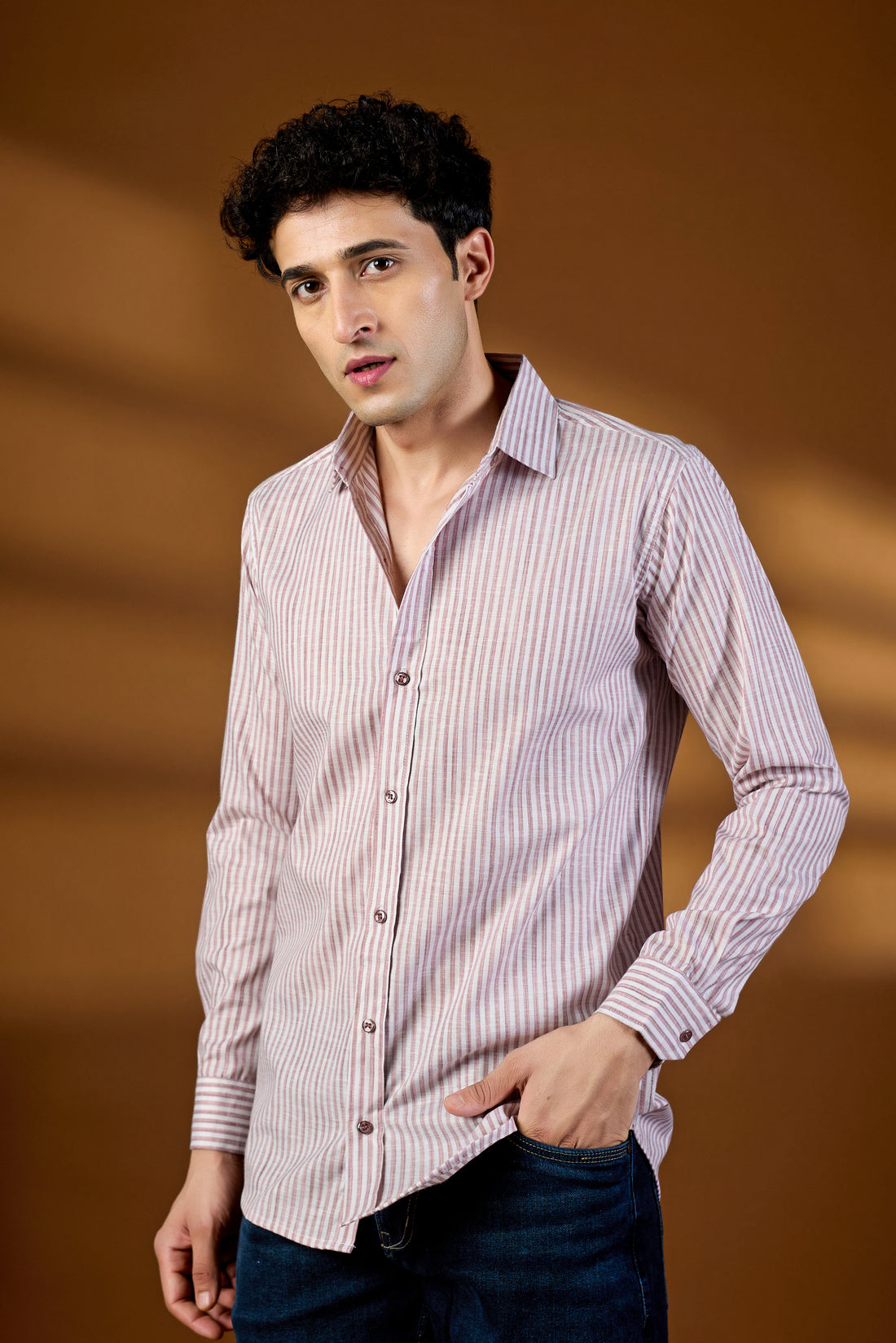 KEENLINE Premium Cotton Pink Stripe Button-Down Shirt for Men