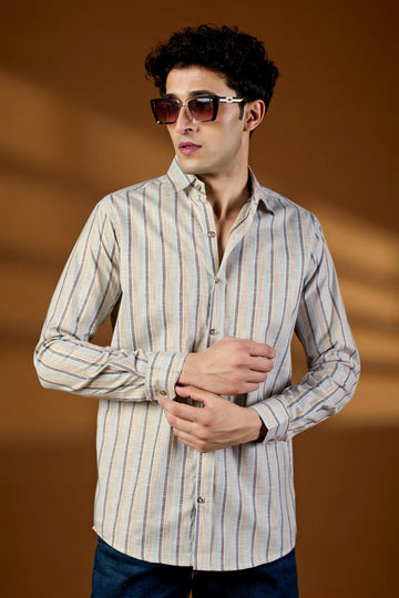 KEENLINE Classic Cotton Earth-Tone Striped Full Sleeve Shirt for Men